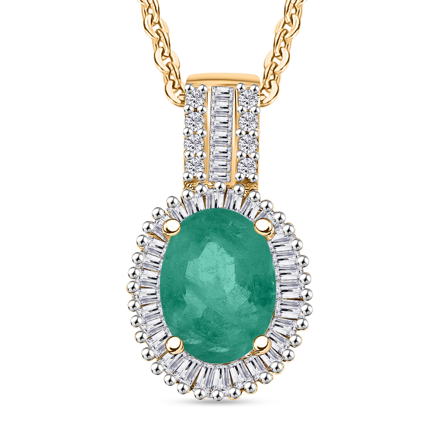 Kagem Zambian Emerald and Diamond Halo Pendant Necklace in 18K Vermeil Yellow Gold Over Sterling Silver 20 Inches 1.48 ctw