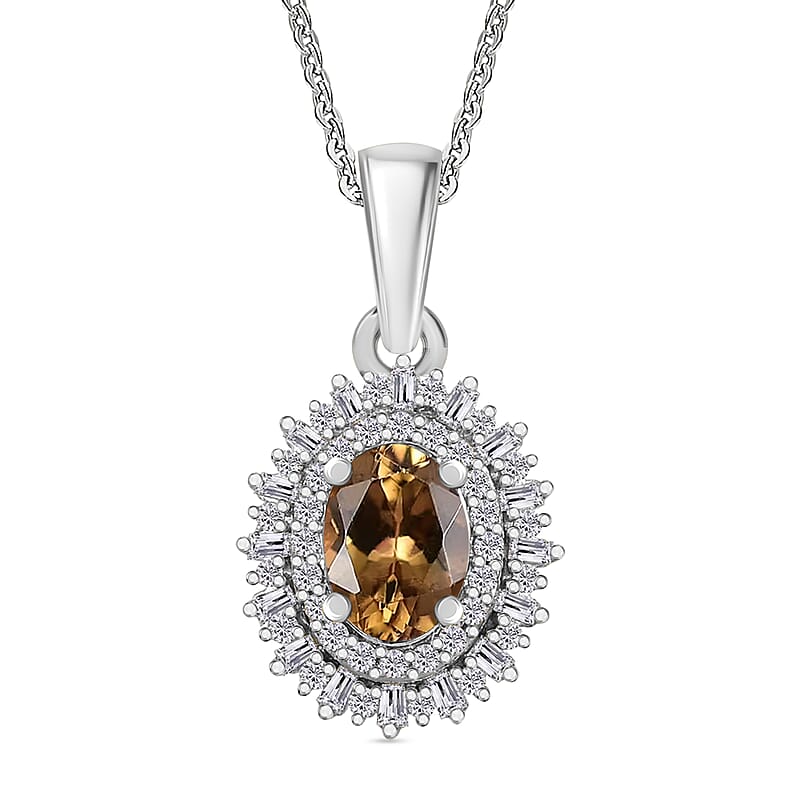 Golden Turkizite and Diamond 1.13 ctw Pendant Necklace in Rhodium Over Sterling Silver 20 Inches
