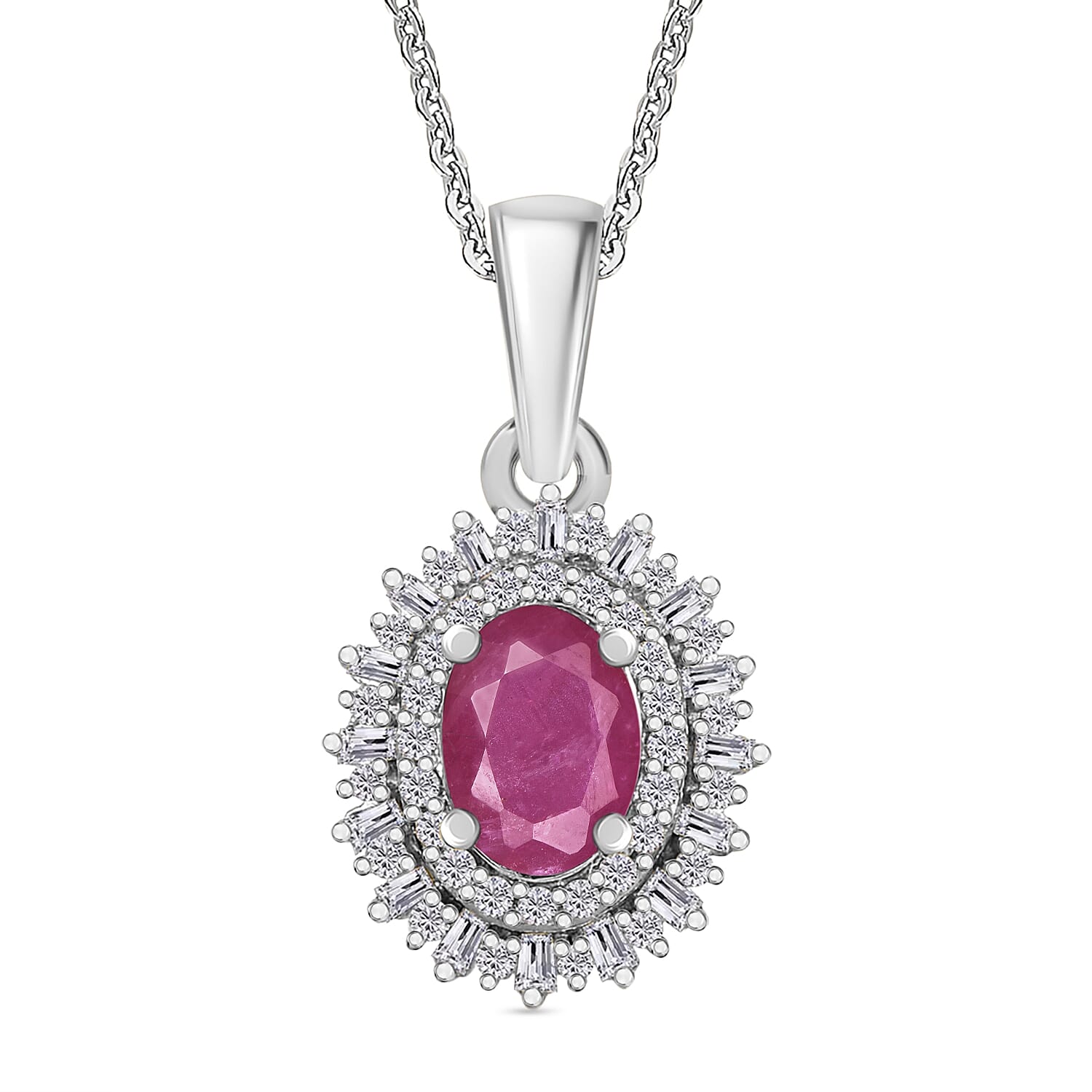 Mozambique Ruby and Diamond 1.38 ctw Pendant Necklace in Rhodium Over Sterling Silver 20 Inches
