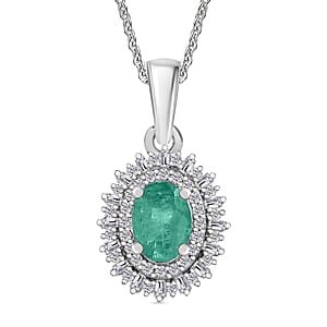 Premium Kagem Zambian Emerald and Diamond 1.20 ctw Pendant Necklace in Rhodium Over Sterling Silver (20 Inches)