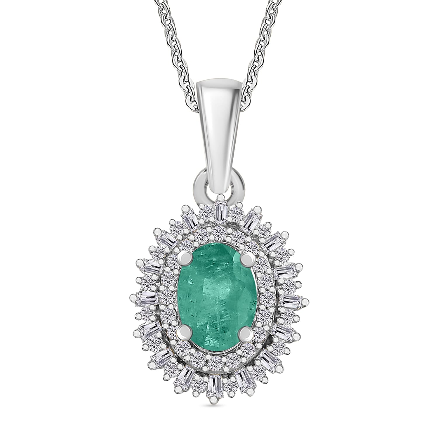 Premium Kagem Zambian Emerald and Diamond 1.20 ctw Pendant Necklace in Rhodium Over Sterling Silver (20 Inches)