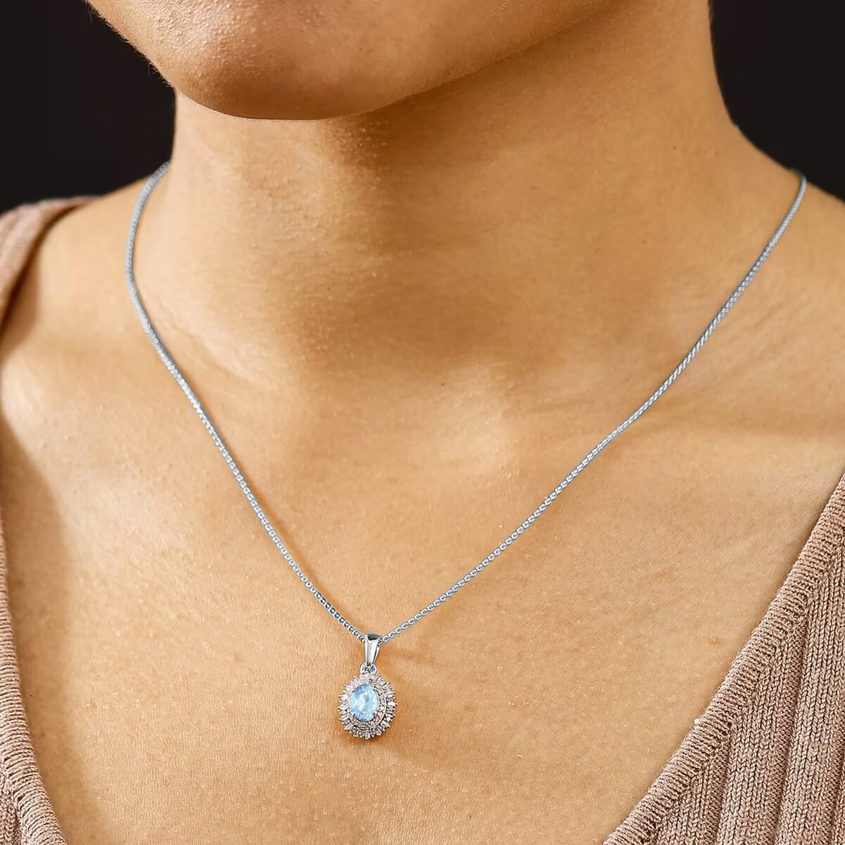 Mangoro Aquamarine and Diamond 1.13 ctw Pendant Necklace in Rhodium Over Sterling Silver 20 Inches image number 1