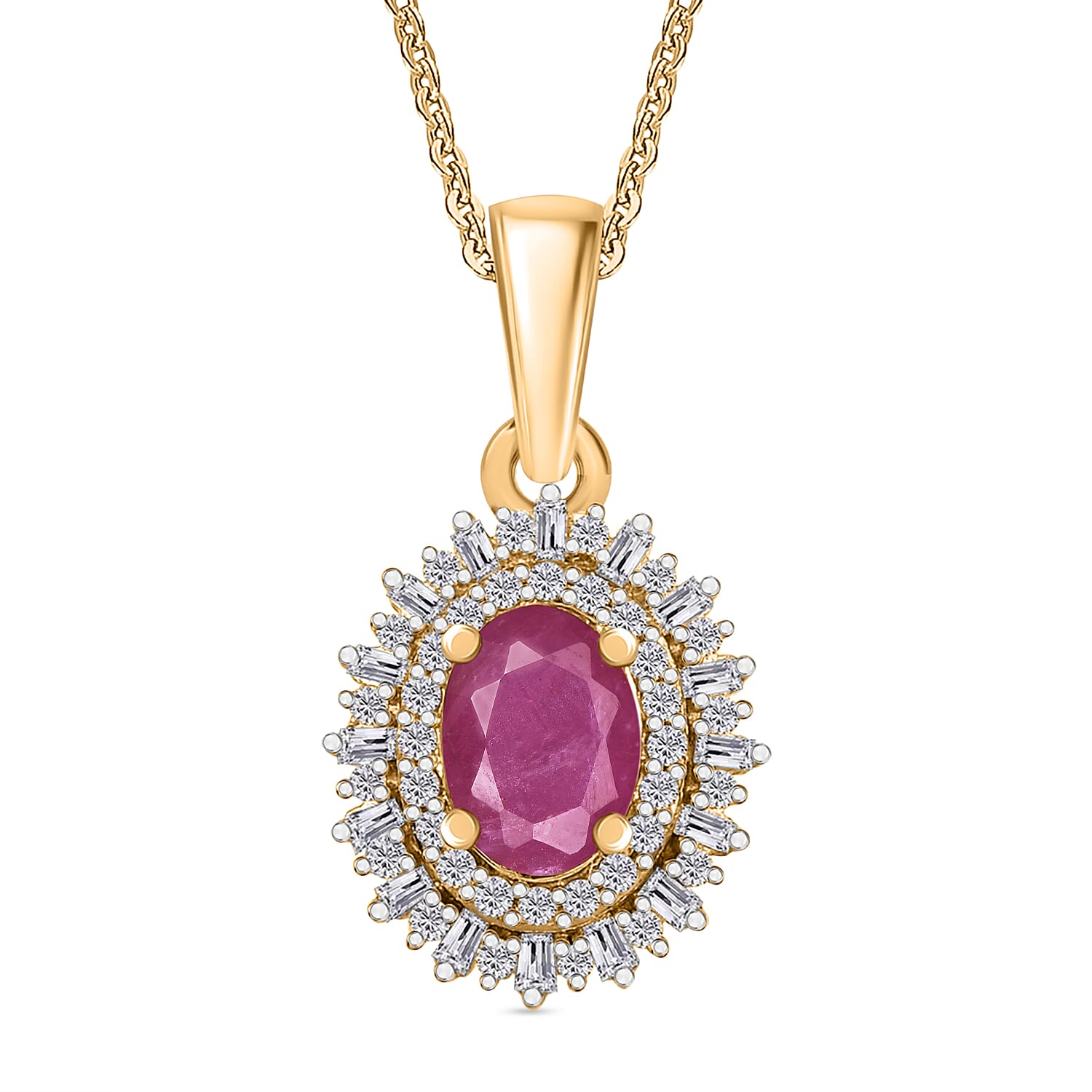 Mozambique Ruby and Diamond 1.38 ctw Pendant Necklace in 18K Vermeil Yellow Gold Over Sterling Silver 20 Inches