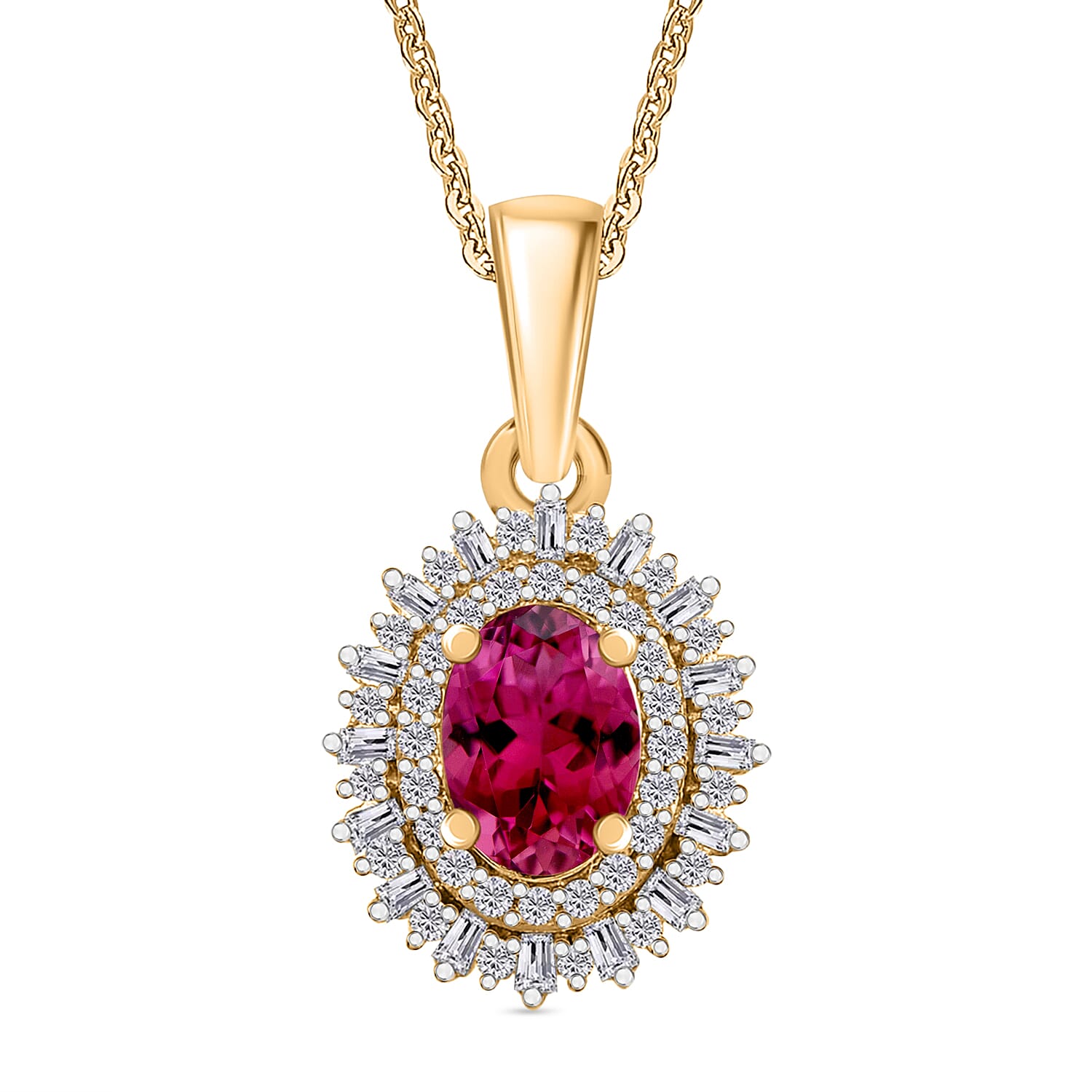 Premium Ouro Fino Rubellite and Diamond 1.13 ctw Pendant Necklace in 18K Vermeil Yellow Gold Over Sterling Silver 20 Inches