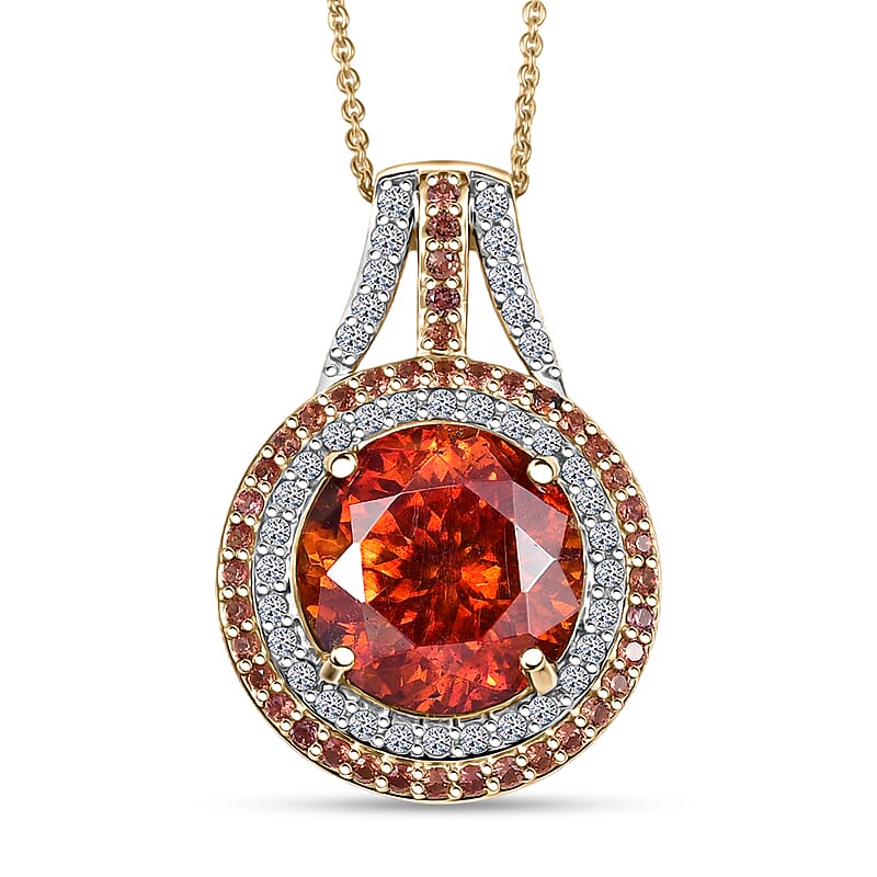 Premium Picos Altos Sphalerite, AAA Padparadscha Sapphire, Luxuriant Lab Grown Diamond 13.10 ctw Inferno Royale Pendant Necklace 20 Inches in 10K Yellow Gold 5.80 Grams