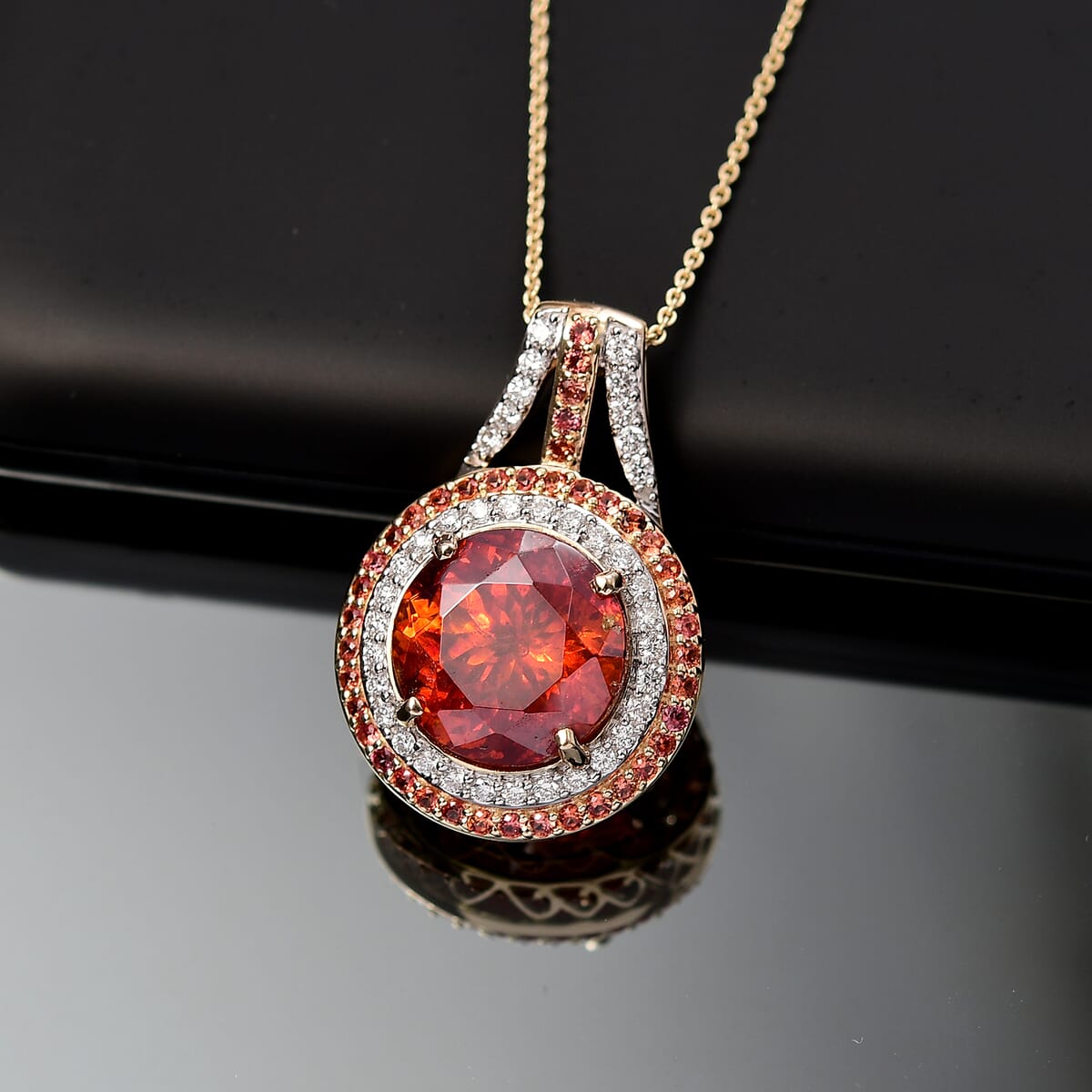 Premium Picos Altos Sphalerite, AAA Padparadscha Sapphire, Luxuriant Lab Grown Diamond 13.10 ctw Inferno Royale Pendant Necklace 20 Inches in 10K Yellow Gold 5.80 Grams image number 1