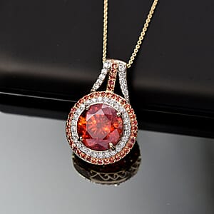 Premium Picos Altos Sphalerite, AAA Padparadscha Sapphire, Luxuriant Lab Grown Diamond 13.10 ctw Inferno Royale Pendant Necklace 20 Inches in 10K Yellow Gold 5.80 Grams
