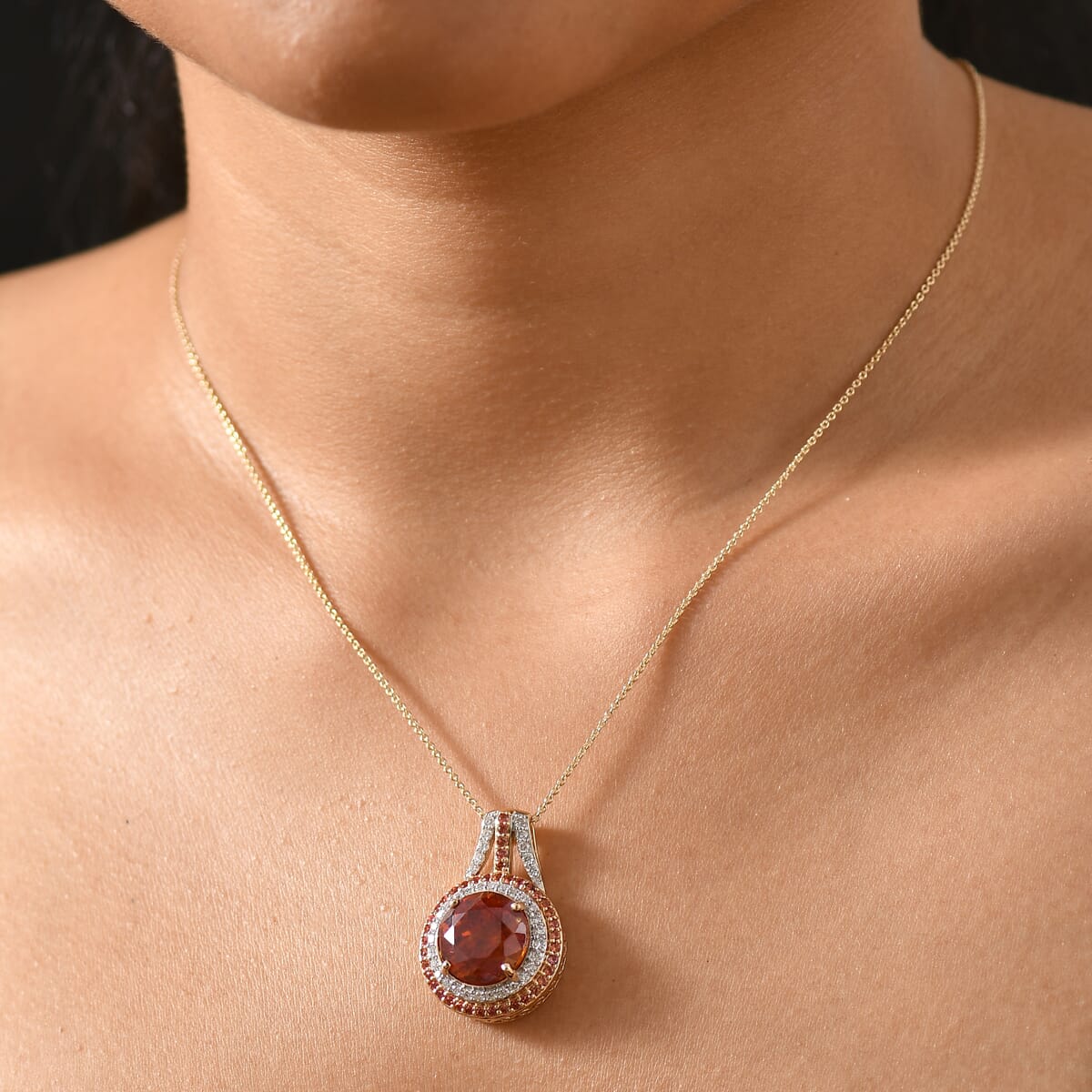 Premium Picos Altos Sphalerite, AAA Padparadscha Sapphire, Luxuriant Lab Grown Diamond 13.10 ctw Inferno Royale Pendant Necklace 20 Inches in 10K Yellow Gold 5.80 Grams image number 2