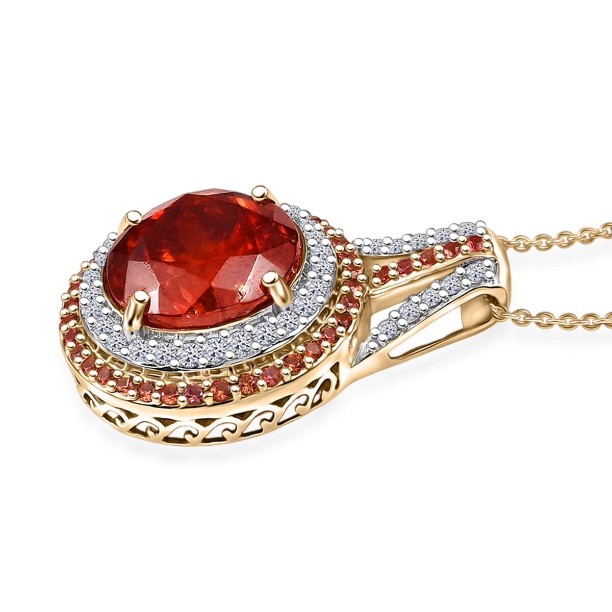 Premium Picos Altos Sphalerite, AAA Padparadscha Sapphire, Luxuriant Lab Grown Diamond 13.10 ctw Inferno Royale Pendant Necklace 20 Inches in 10K Yellow Gold 5.80 Grams image number 3