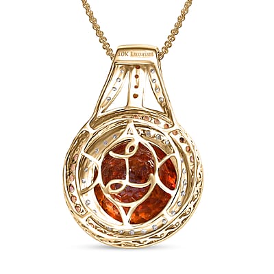 Premium Picos Altos Sphalerite, AAA Padparadscha Sapphire, Luxuriant Lab Grown Diamond 13.10 ctw Inferno Royale Pendant Necklace 20 Inches in 10K Yellow Gold 5.80 Grams