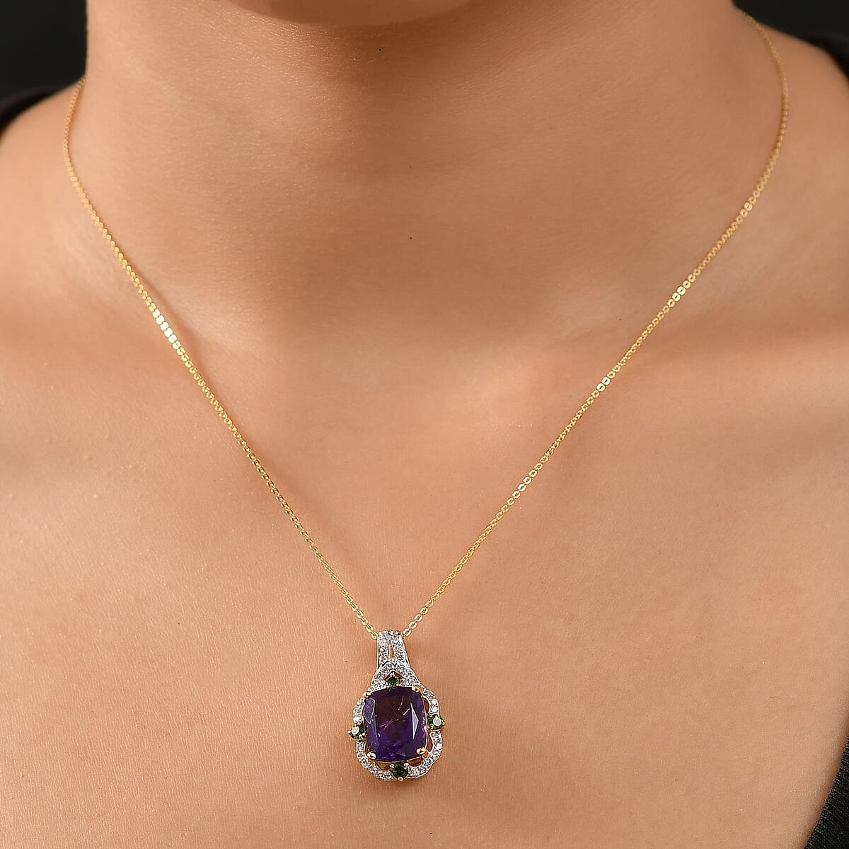 D'Joy Zambian Amethyst and Multi Gemstone 6.00 ctw Art Deco Pendant Necklace in 18K Vermeil Yellow Gold Over Sterling Silver 20 Inches image number 2