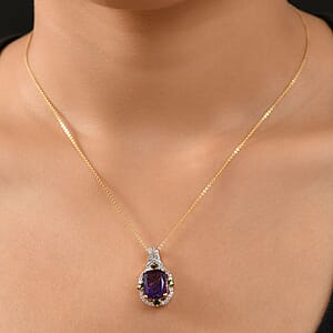 D'Joy Zambian Amethyst and Multi Gemstone 6.00 ctw Art Deco Pendant Necklace in 18K Vermeil Yellow Gold Over Sterling Silver 20 Inches