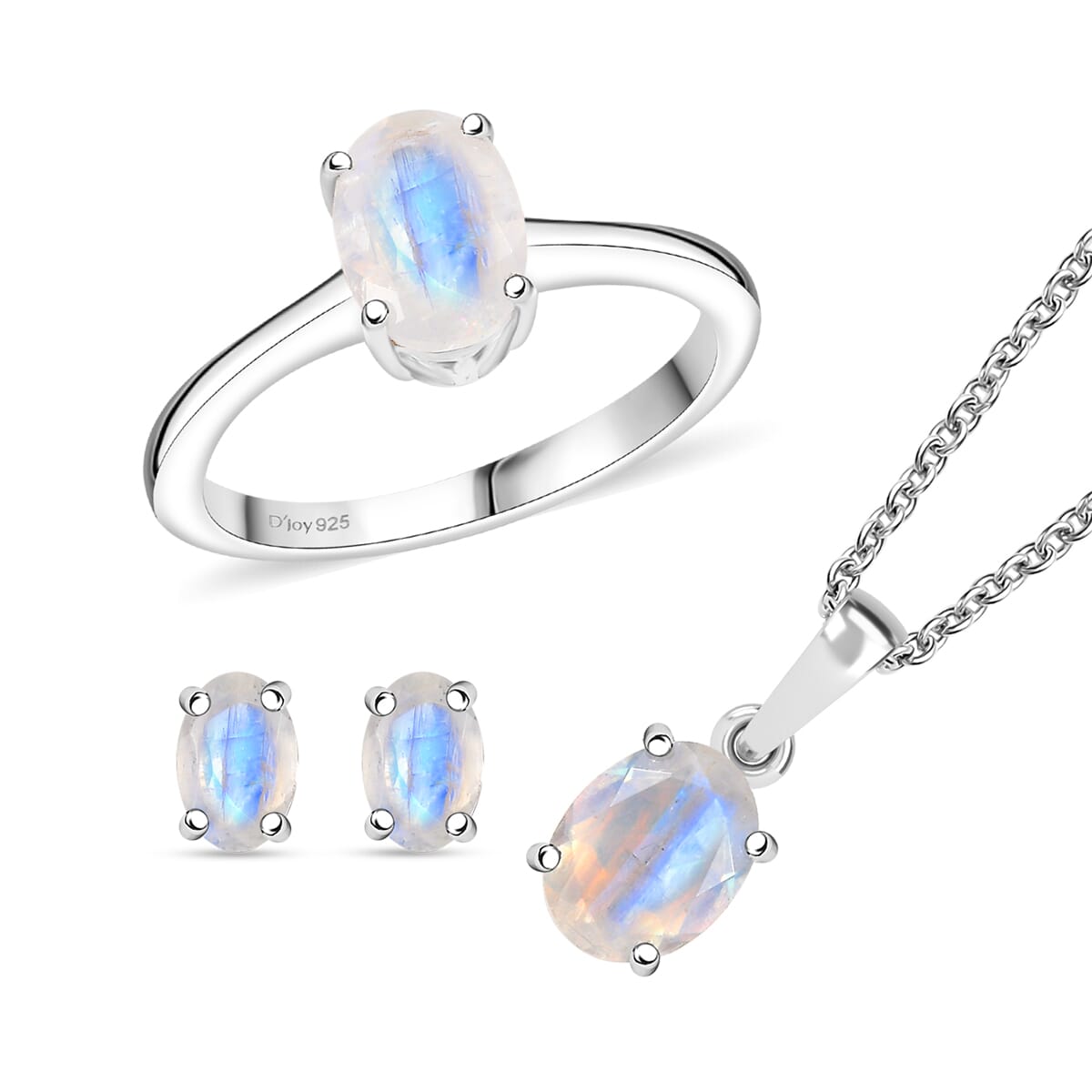 D'Joy 3 Piece Set - Moon Glow Moonstone 3.30 ctw Lunar Radiance Earrings, Ring (Size 5) and Pendant in Rhodium Over Sterling Silver with Stainless Steel Necklace 20 Inches image number 0