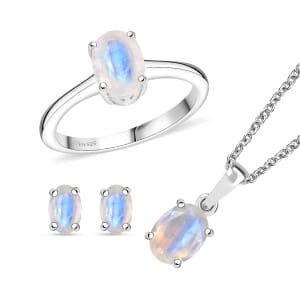 D'Joy 3 Piece Set - Moon Glow Moonstone 3.30 ctw Lunar Radiance Earrings, Ring (Size 5) and Pendant in Rhodium Over Sterling Silver with Stainless Steel Necklace 20 Inches