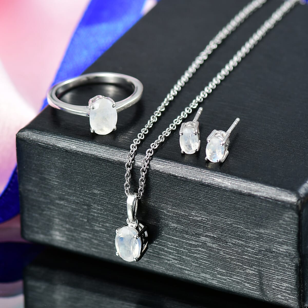 D'Joy 3 Piece Set - Moon Glow Moonstone 3.30 ctw Lunar Radiance Earrings, Ring (Size 5) and Pendant in Rhodium Over Sterling Silver with Stainless Steel Necklace 20 Inches image number 1