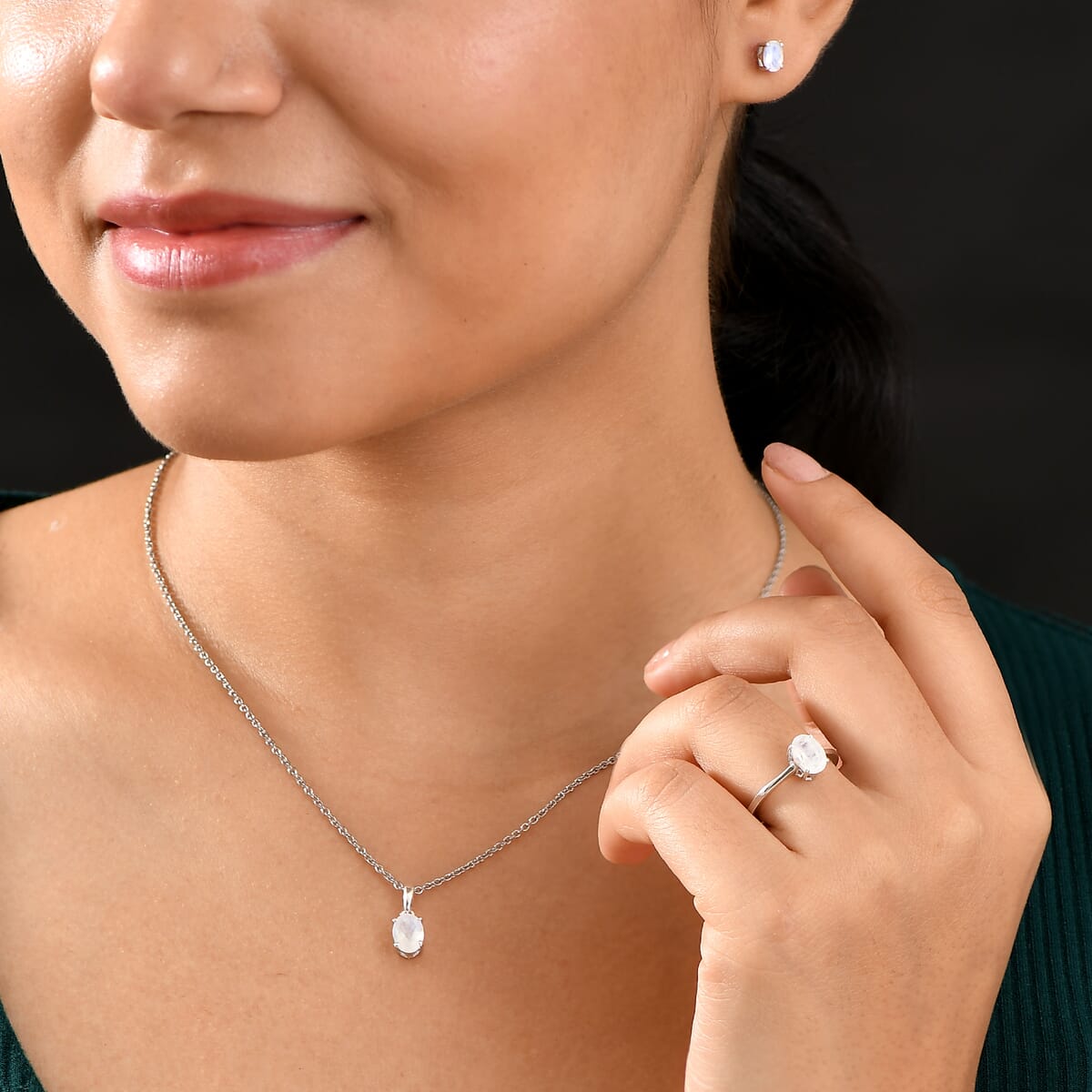 D'Joy 3 Piece Set - Moon Glow Moonstone 3.30 ctw Lunar Radiance Earrings, Ring (Size 5) and Pendant in Rhodium Over Sterling Silver with Stainless Steel Necklace 20 Inches image number 3