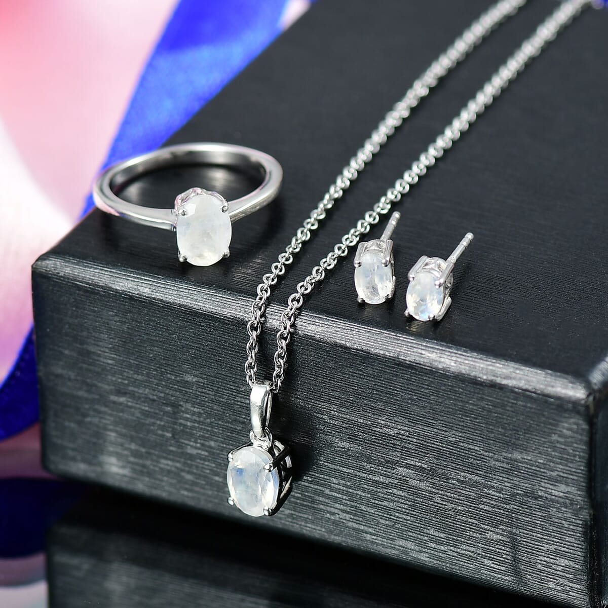 3 Piece Set - Moon Glow Moonstone 3.30 ctw Lunar Radiance Earrings, Ring (Size 7) and Pendant in Rhodium Over Sterling Silver with Stainless Steel Necklace 20 Inches image number 1