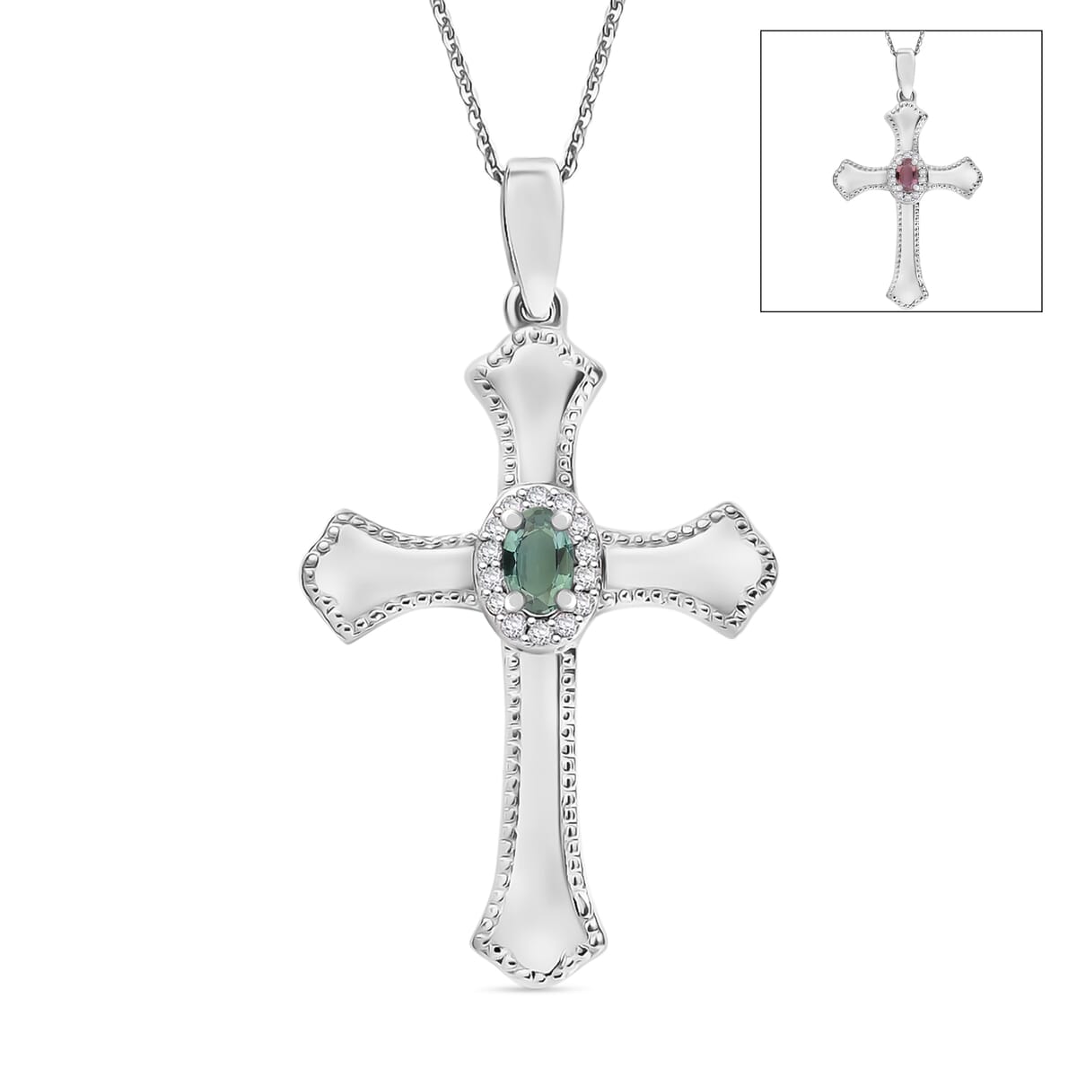D'Joy Narsipatnam Alexandrite and White Zircon 0.40 ctw Cross Pendant Necklace in Rhodium Over Sterling Silver 20 Inches image number 0