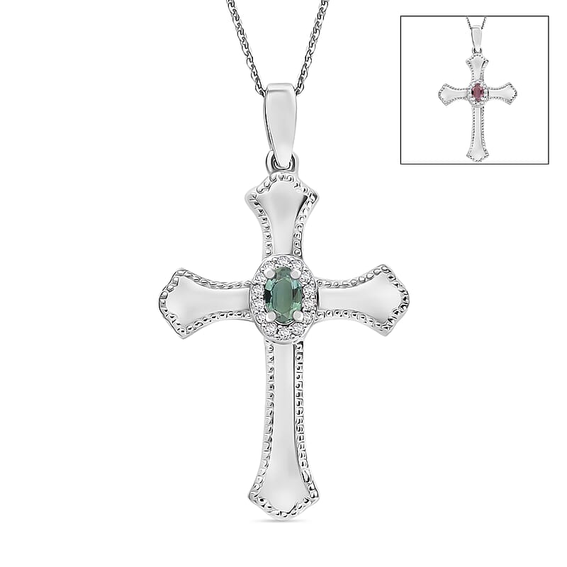 D'Joy Narsipatnam Alexandrite and White Zircon 0.40 ctw Cross Pendant Necklace in Rhodium Over Sterling Silver 20 Inches