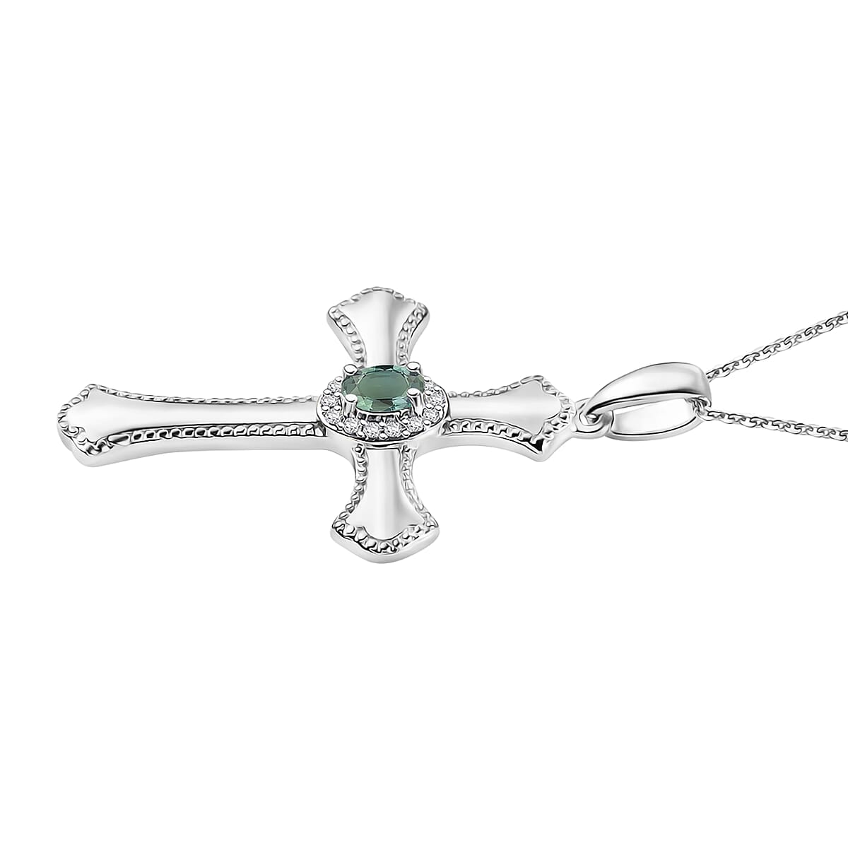 D'Joy Narsipatnam Alexandrite and White Zircon 0.40 ctw Cross Pendant Necklace in Rhodium Over Sterling Silver 20 Inches (Del. in 10-12 Days) image number 3
