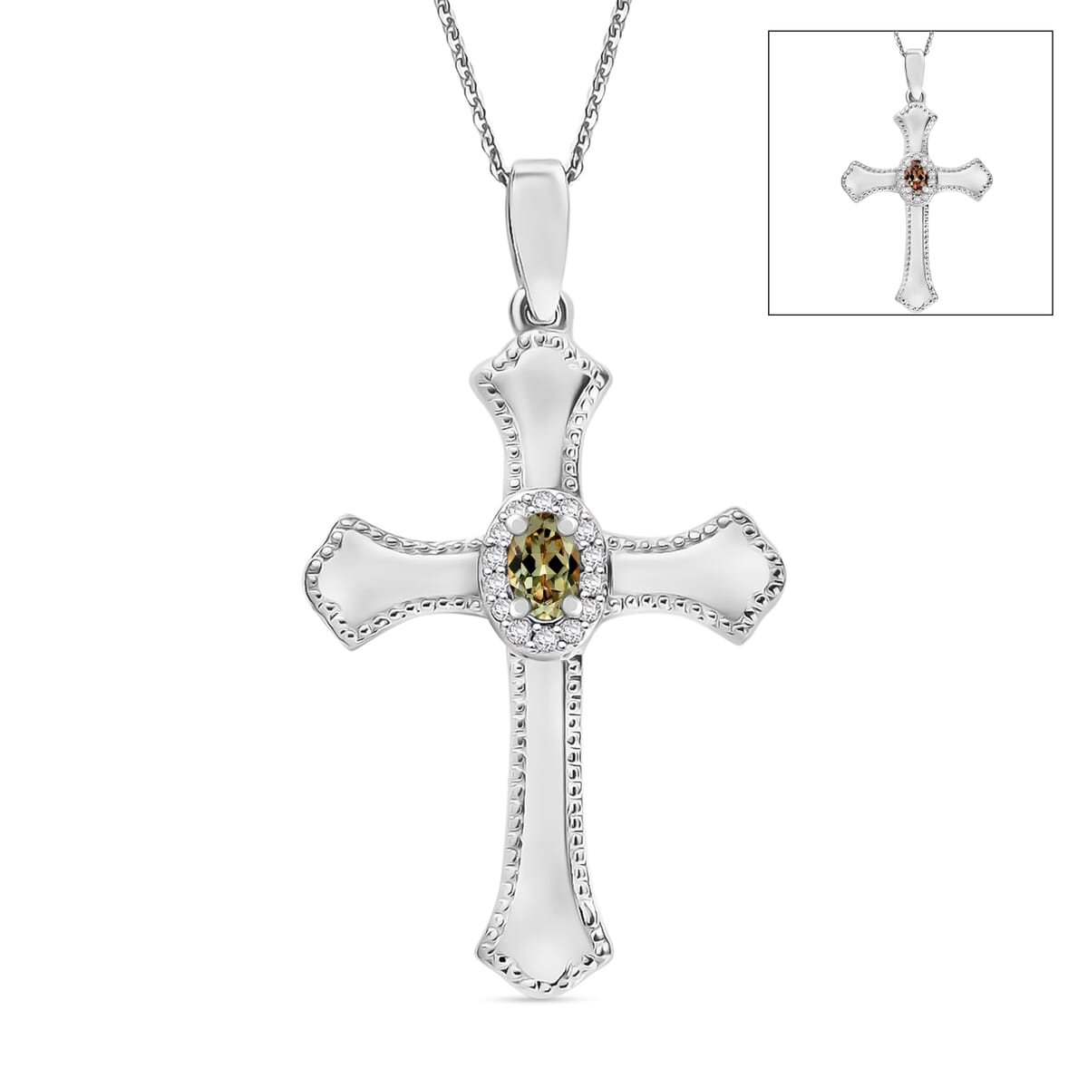 AAA Turkizite and White Zircon 0.46 ctw Cross Pendant Necklace in Rhodium Over Sterling Silver (20 Inches) image number 0