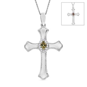AAA Turkizite and White Zircon 0.46 ctw Cross Pendant Necklace in Rhodium Over Sterling Silver (20 Inches)