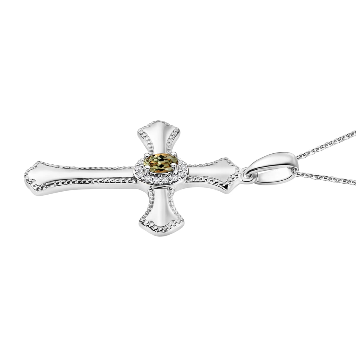 AAA Turkizite and White Zircon 0.46 ctw Cross Pendant Necklace in Rhodium Over Sterling Silver (20 Inches) image number 2