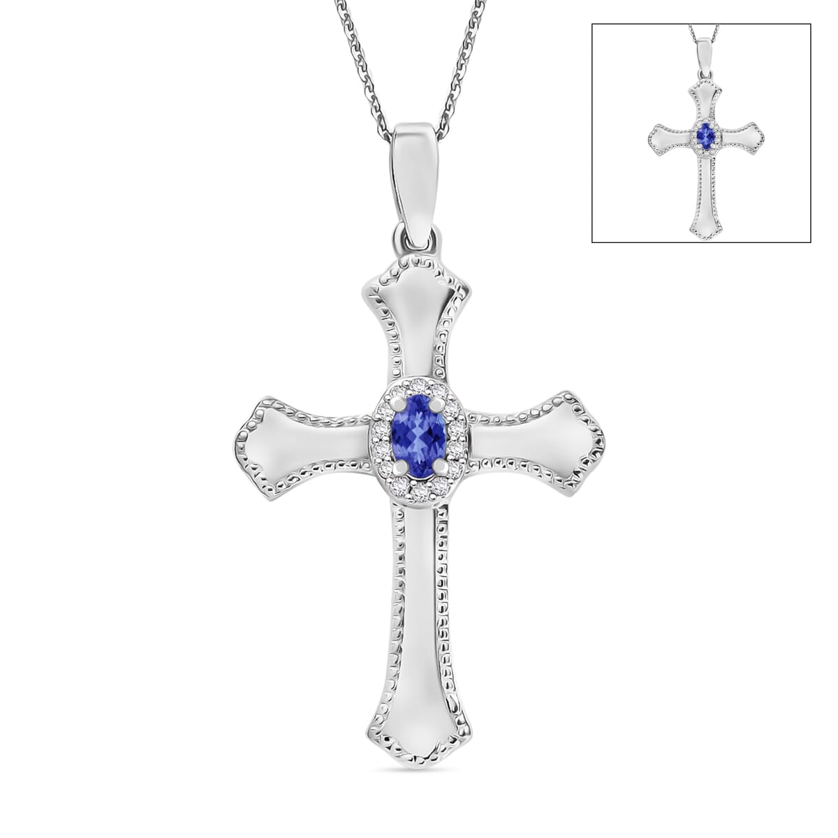 AAA Tanzanite and White Zircon 0.46 ctw Cross Pendant Necklace in Rhodium Over Sterling Silver 20 Inches image number 0
