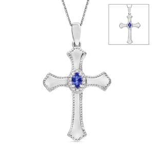 AAA Tanzanite and White Zircon 0.46 ctw Cross Pendant Necklace in Rhodium Over Sterling Silver 20 Inches