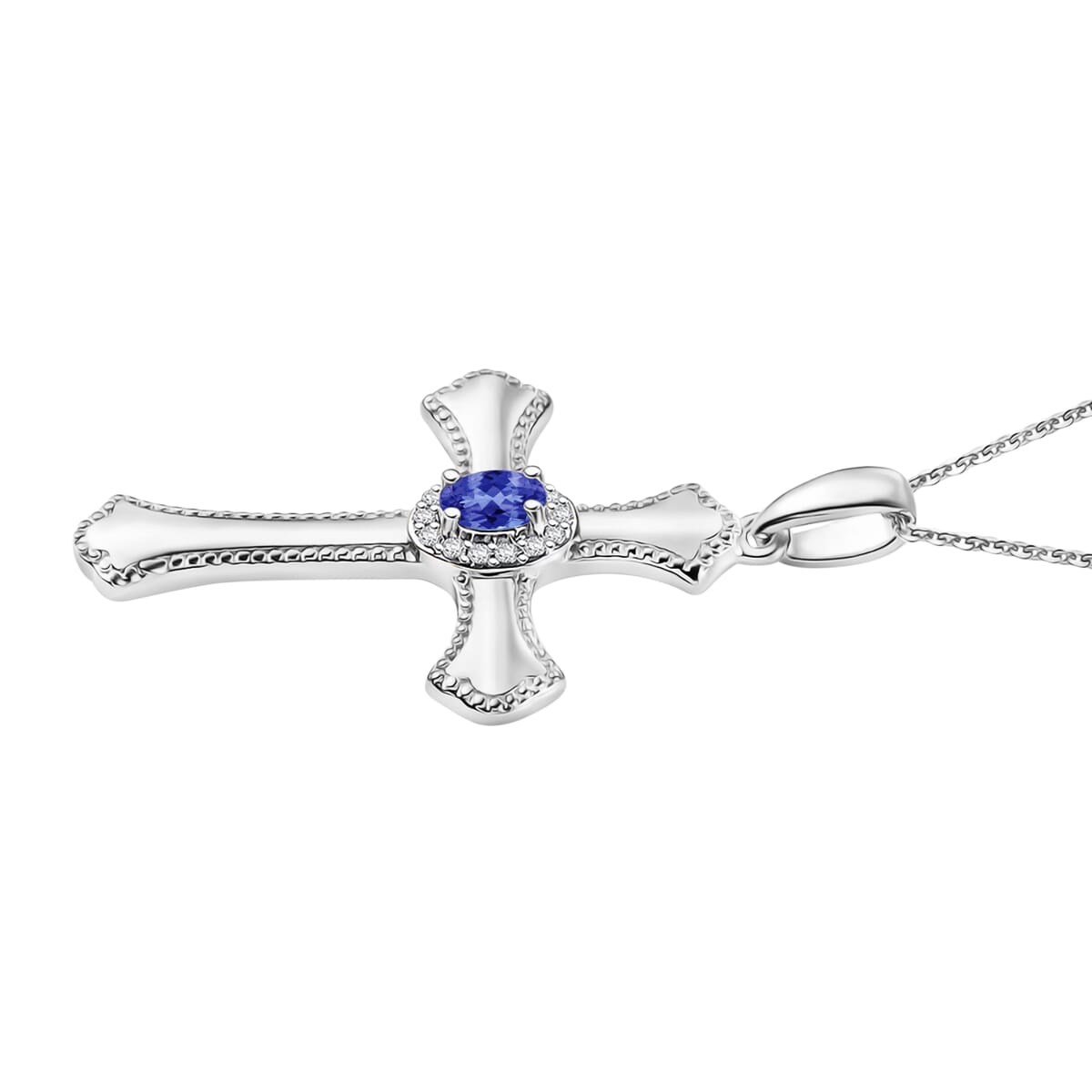AAA Tanzanite and White Zircon 0.46 ctw Cross Pendant Necklace in Rhodium Over Sterling Silver 20 Inches image number 2