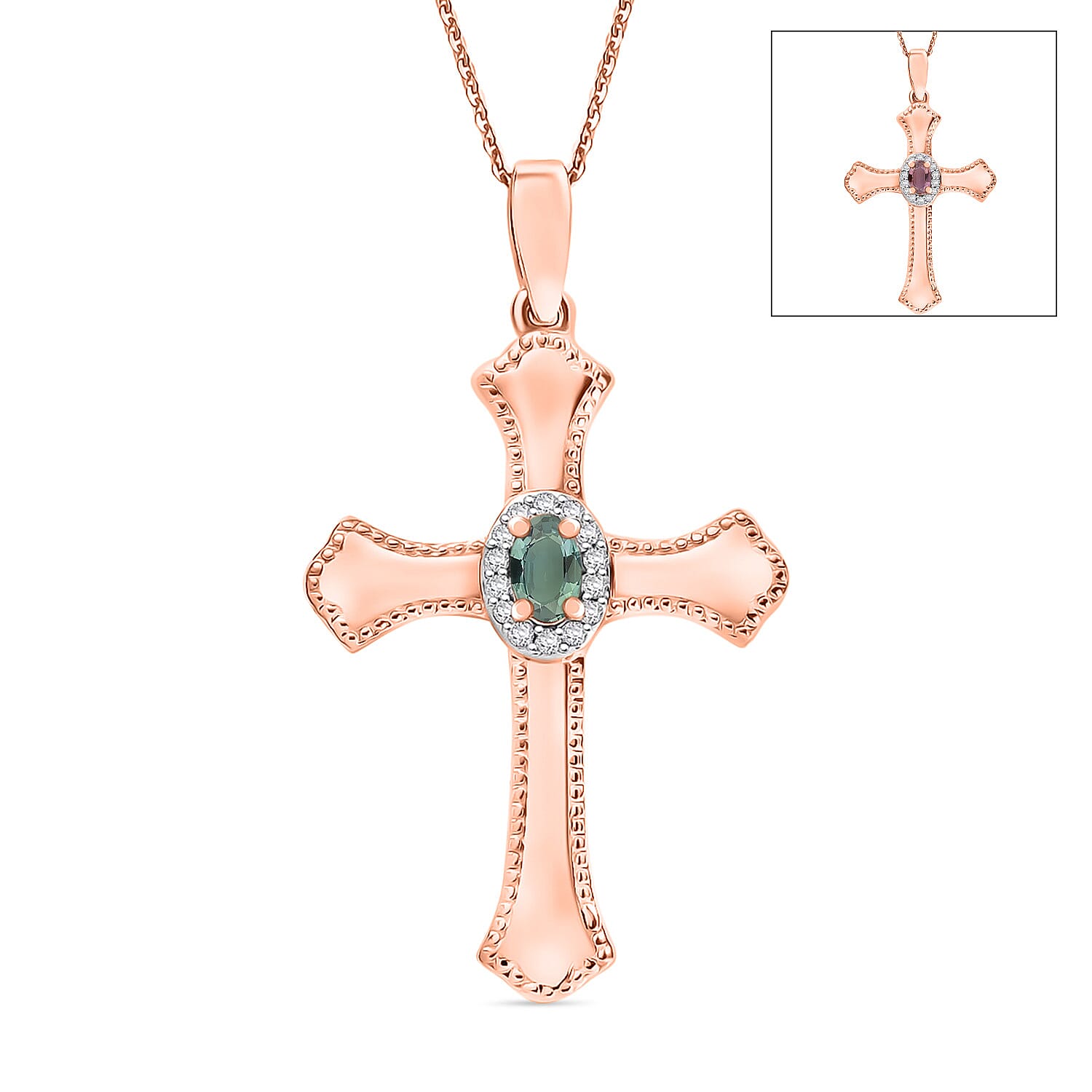 Narsipatnam Alexandrite Cross Pendant Necklace in 18K Vermeil Rose Gold Over Sterling Silver 20 Inches 0.46 ctw