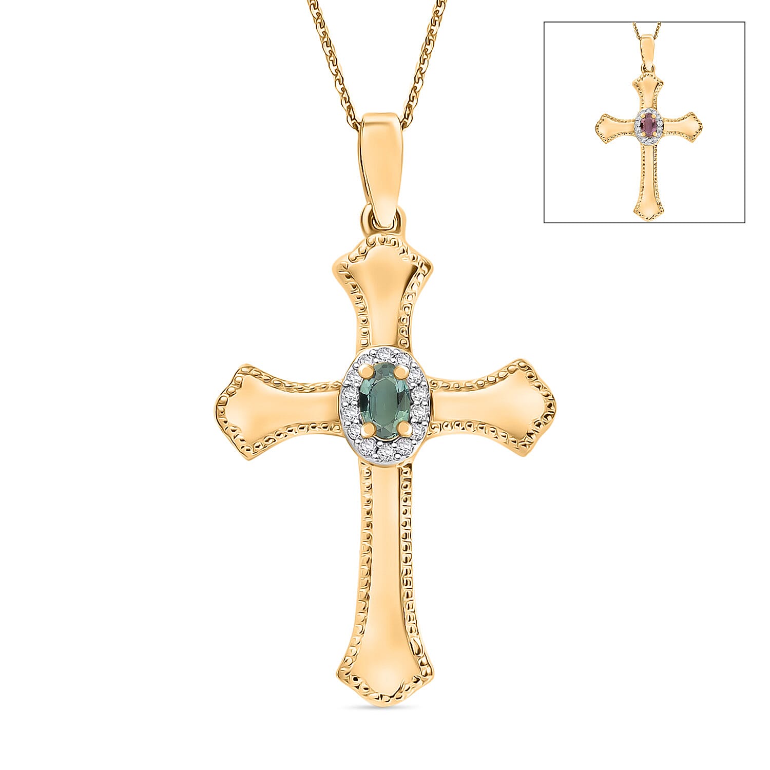 D'Joy Narsipatnam Alexandrite Cross Pendant Necklace in 18K Vermeil Yellow Gold Over Sterling Silver 20 Inches 0.46 ctw