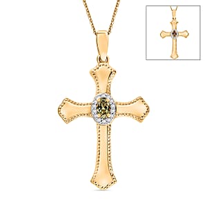 AAA Turkizite and White Zircon 0.46 ctw Cross Pendant Necklace in 18K Vermeil Yellow Gold Over Sterling Silver 20 Inches