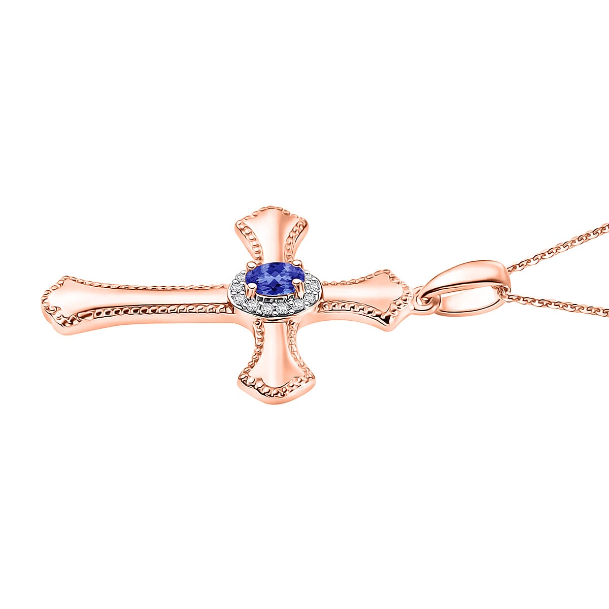 AAA Tanzanite and White Zircon 0.46 ctw Cross Pendant Necklace in 18K Vermeil Rose Gold Over Sterling Silver 20 Inches (Del. in 10-12 Days) image number 2