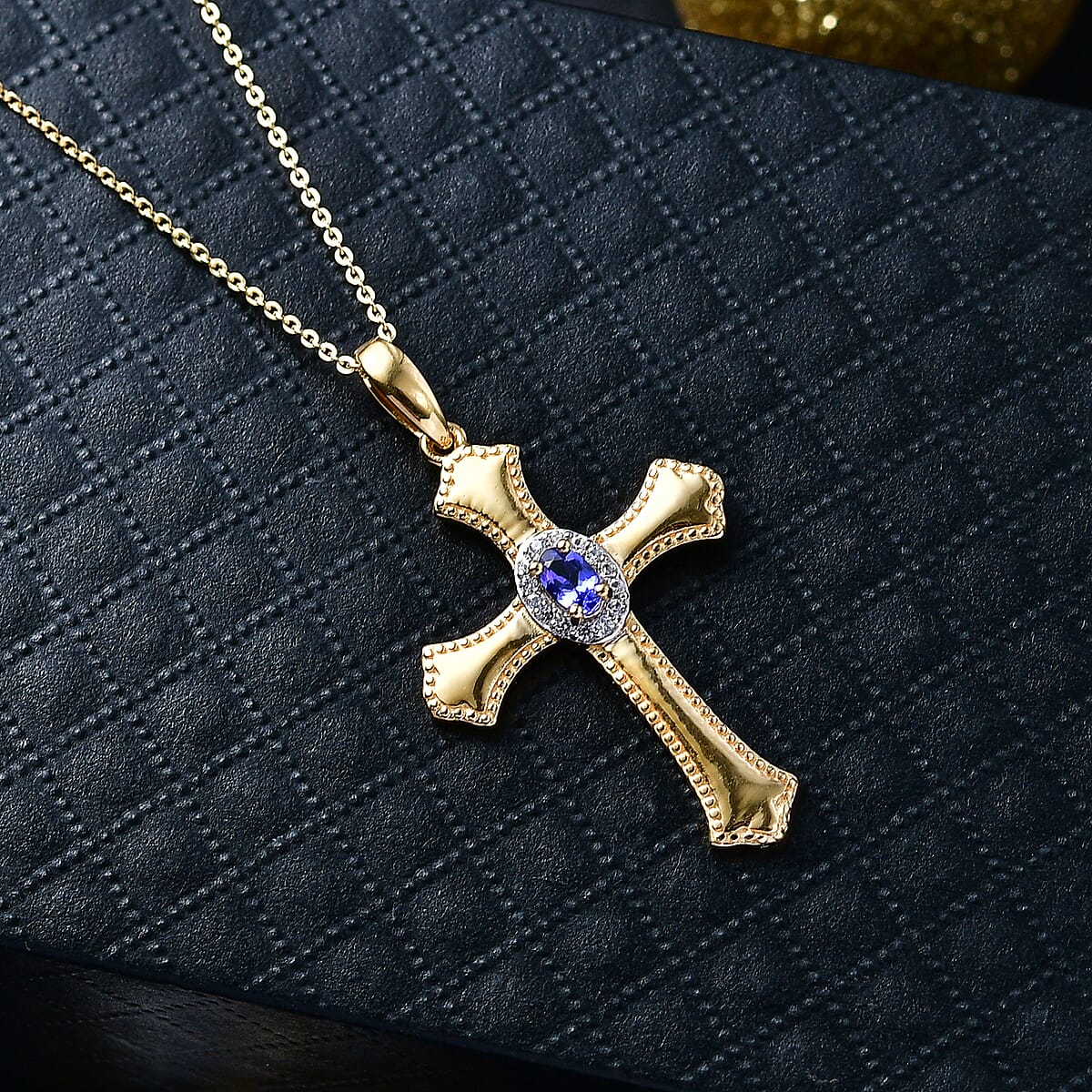 AAA Tanzanite and White Zircon 0.46 ctw Cross Pendant Necklace in 18K Vermeil Yellow Gold Over Sterling Silver 20 Inches (Del. in 10-12 Days) image number 1