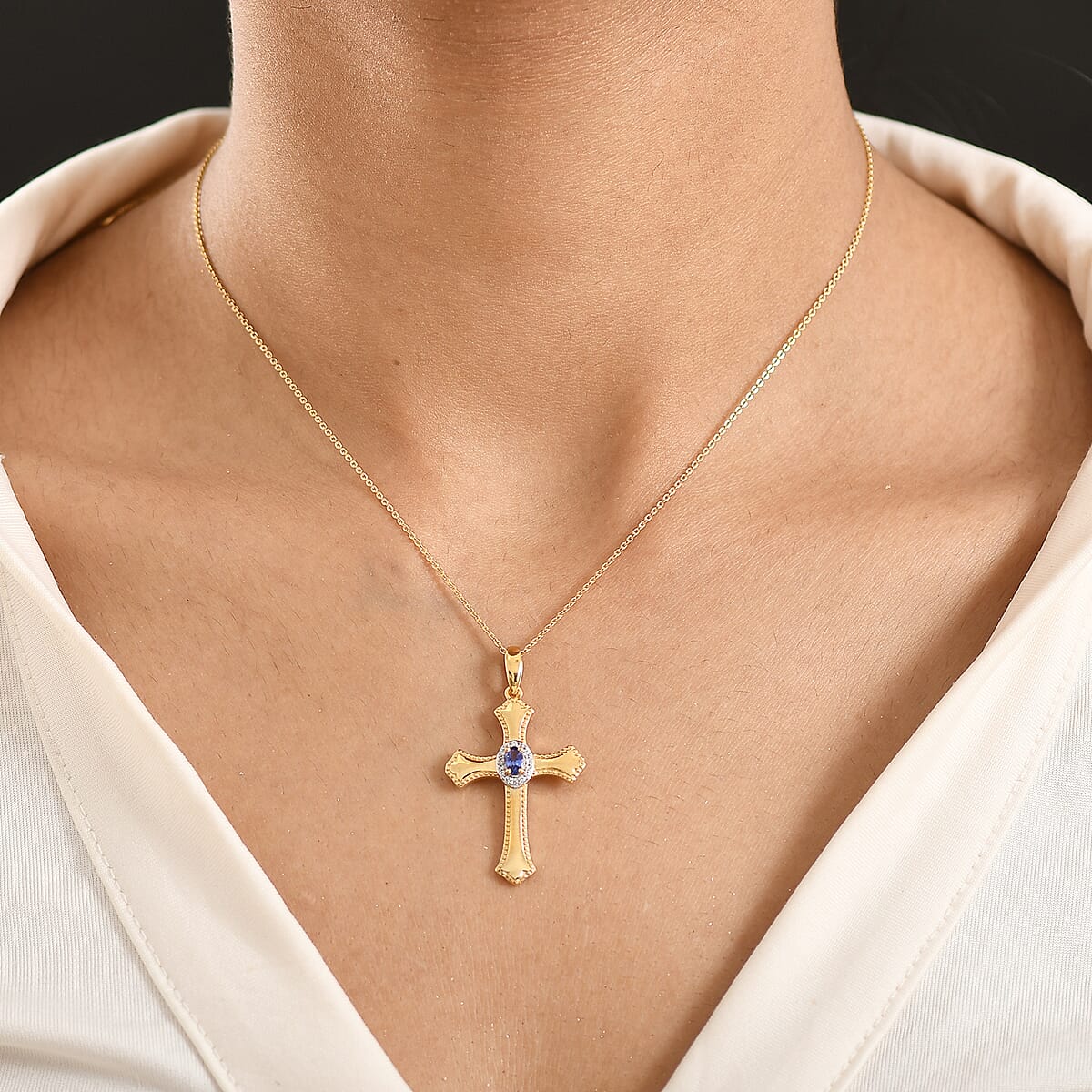 AAA Tanzanite and White Zircon 0.46 ctw Cross Pendant Necklace in 18K Vermeil Yellow Gold Over Sterling Silver 20 Inches (Del. in 10-12 Days) image number 2