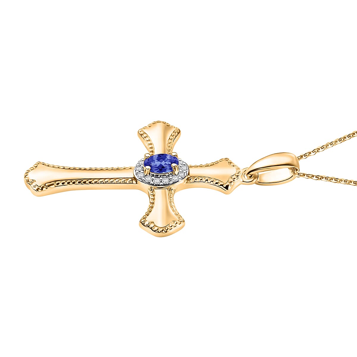 AAA Tanzanite and White Zircon 0.46 ctw Cross Pendant Necklace in 18K Vermeil Yellow Gold Over Sterling Silver 20 Inches (Del. in 10-12 Days) image number 3