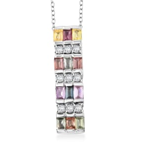Premium Multi Sapphire and Moissanite 1.35 ctw Art Deco Pendant Necklace in Rhodium Over Sterling Silver 20 Inches