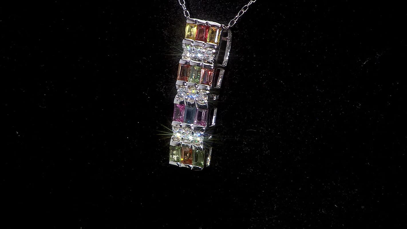 Premium Multi Sapphire and Moissanite 1.35 ctw Art Deco Pendant Necklace in Rhodium Over Sterling Silver 20 Inches