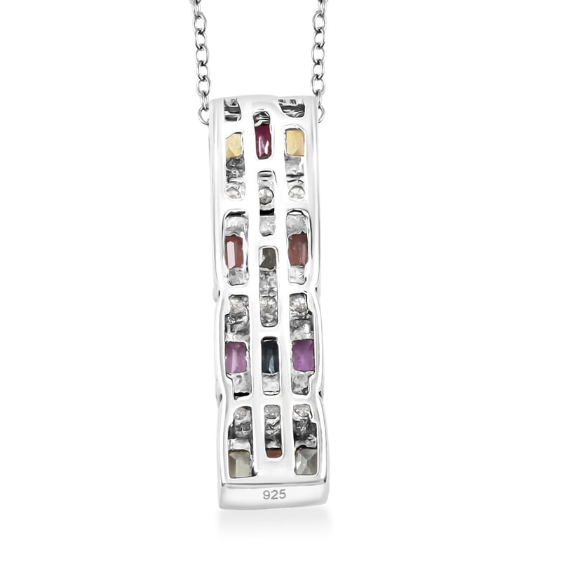 Premium Multi Sapphire and Moissanite 1.35 ctw Art Deco Pendant Necklace in Rhodium Over Sterling Silver 20 Inches