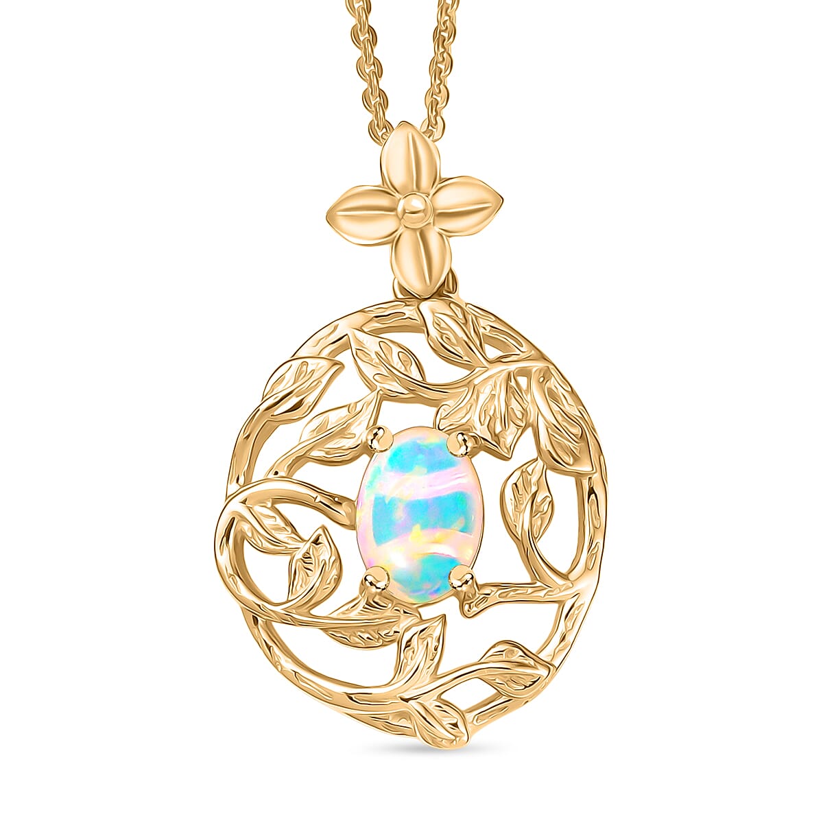 Ethiopian Welo Opal 0.55 ctw Pendant Necklace (20 Inches) in 18K YG Plated Sterling Silver