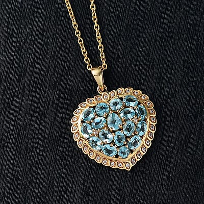 Karis Blue Apatite and White Zircon 3.60 ctw Pendant in 18K YG Plated with Stainless Steel Necklace (20 Inches)