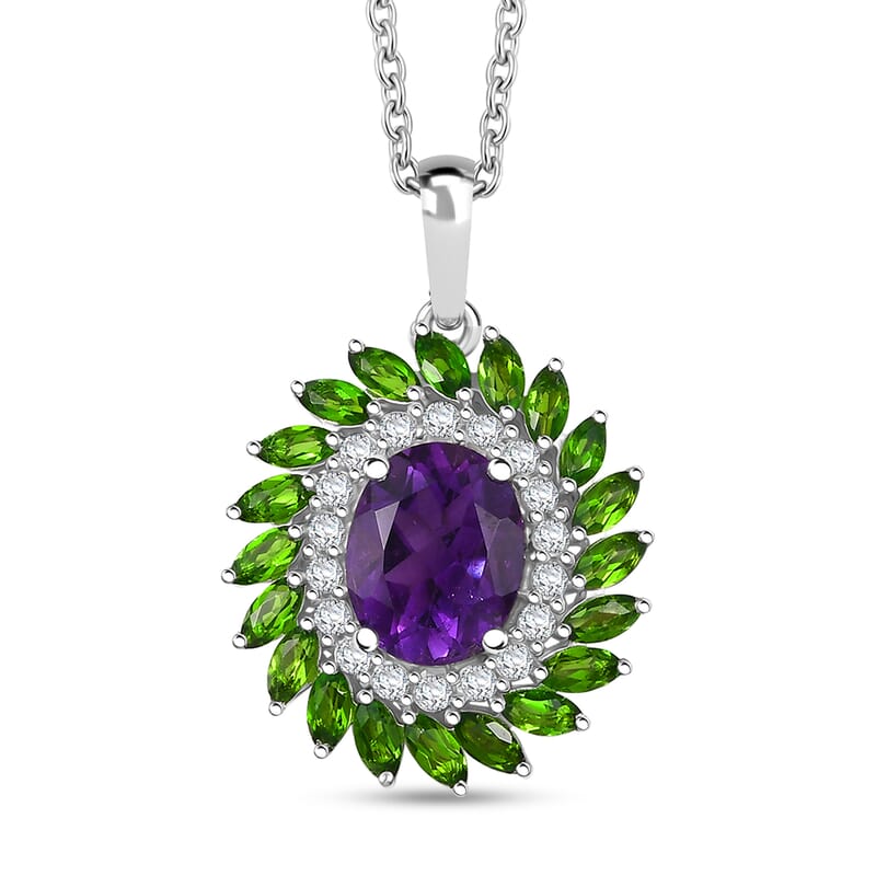 D'Joy African Amethyst and Multi Gemstone 4.80 ctw Floral Pendant in Platinum Over Sterling Silver with Stainless Steel Necklace 20 Inches