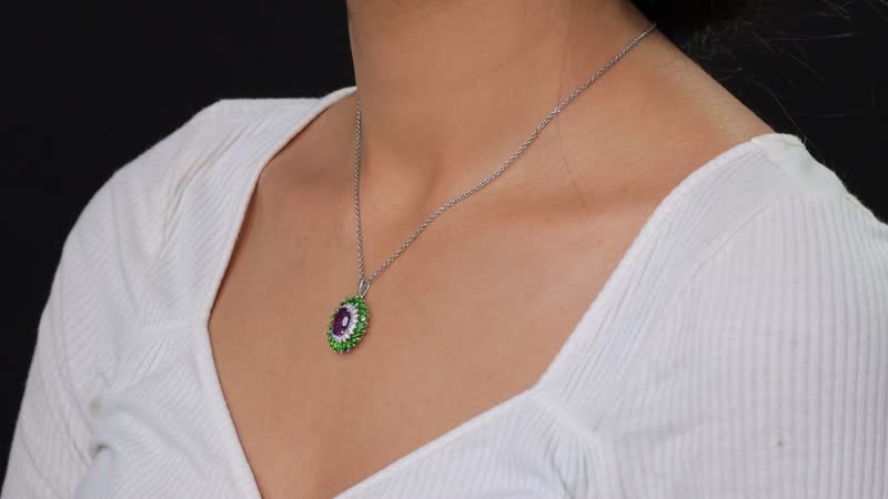 D'Joy African Amethyst and Multi Gemstone 4.80 ctw Floral Pendant in Platinum Over Sterling Silver with Stainless Steel Necklace 20 Inches