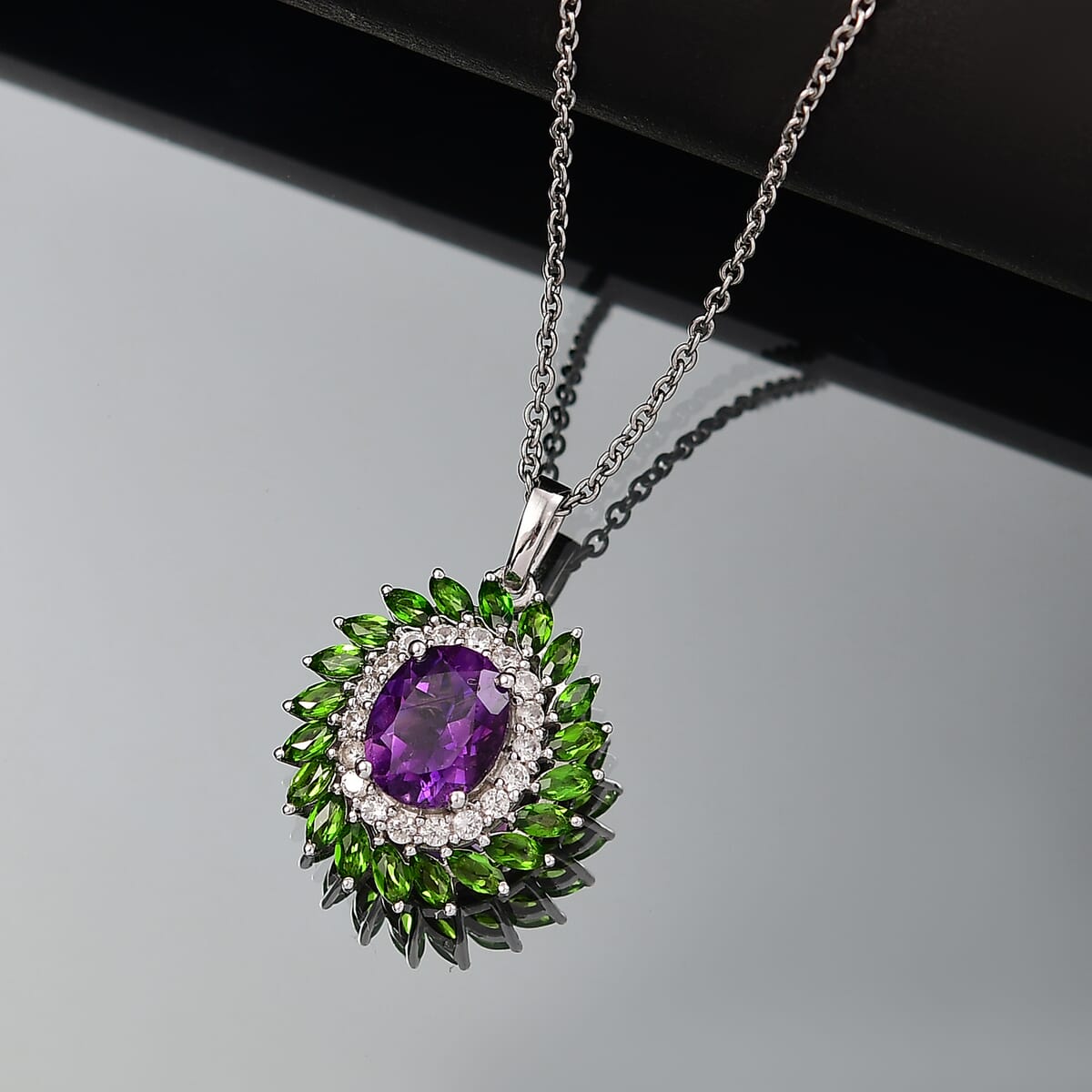 D'Joy African Amethyst and Multi Gemstone 4.80 ctw Floral Pendant in Platinum Over Sterling Silver with Stainless Steel Necklace 20 Inches image number 1