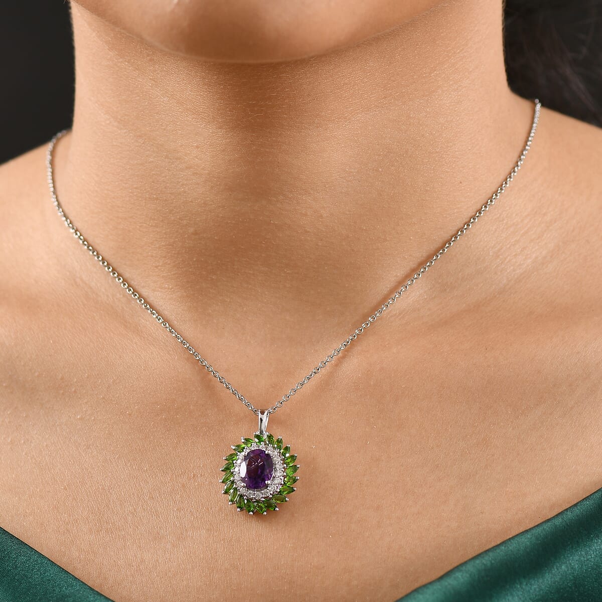 D'Joy African Amethyst and Multi Gemstone 4.80 ctw Floral Pendant in Platinum Over Sterling Silver with Stainless Steel Necklace 20 Inches image number 2