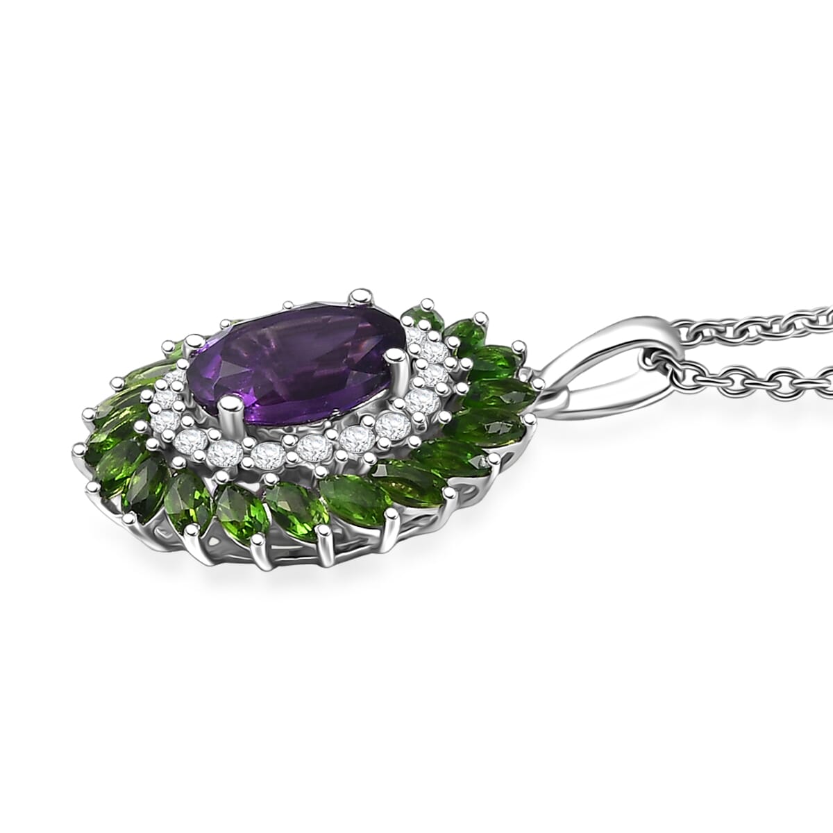 D'Joy African Amethyst and Multi Gemstone 4.80 ctw Floral Pendant in Platinum Over Sterling Silver with Stainless Steel Necklace 20 Inches image number 3