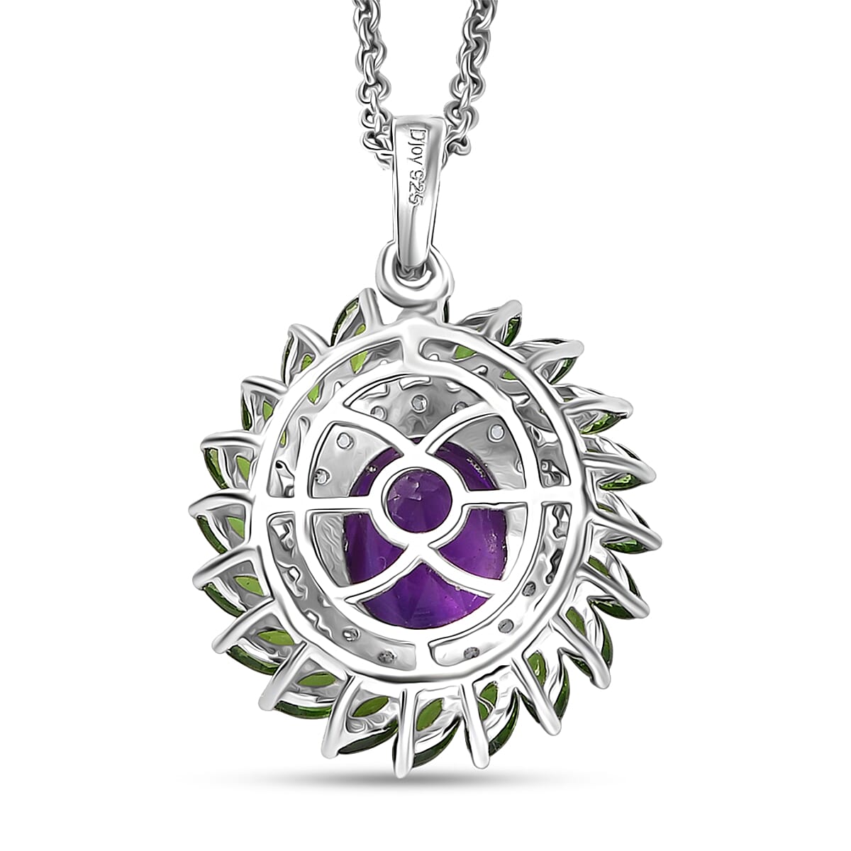 D'Joy African Amethyst and Multi Gemstone 4.80 ctw Floral Pendant in Platinum Over Sterling Silver with Stainless Steel Necklace 20 Inches