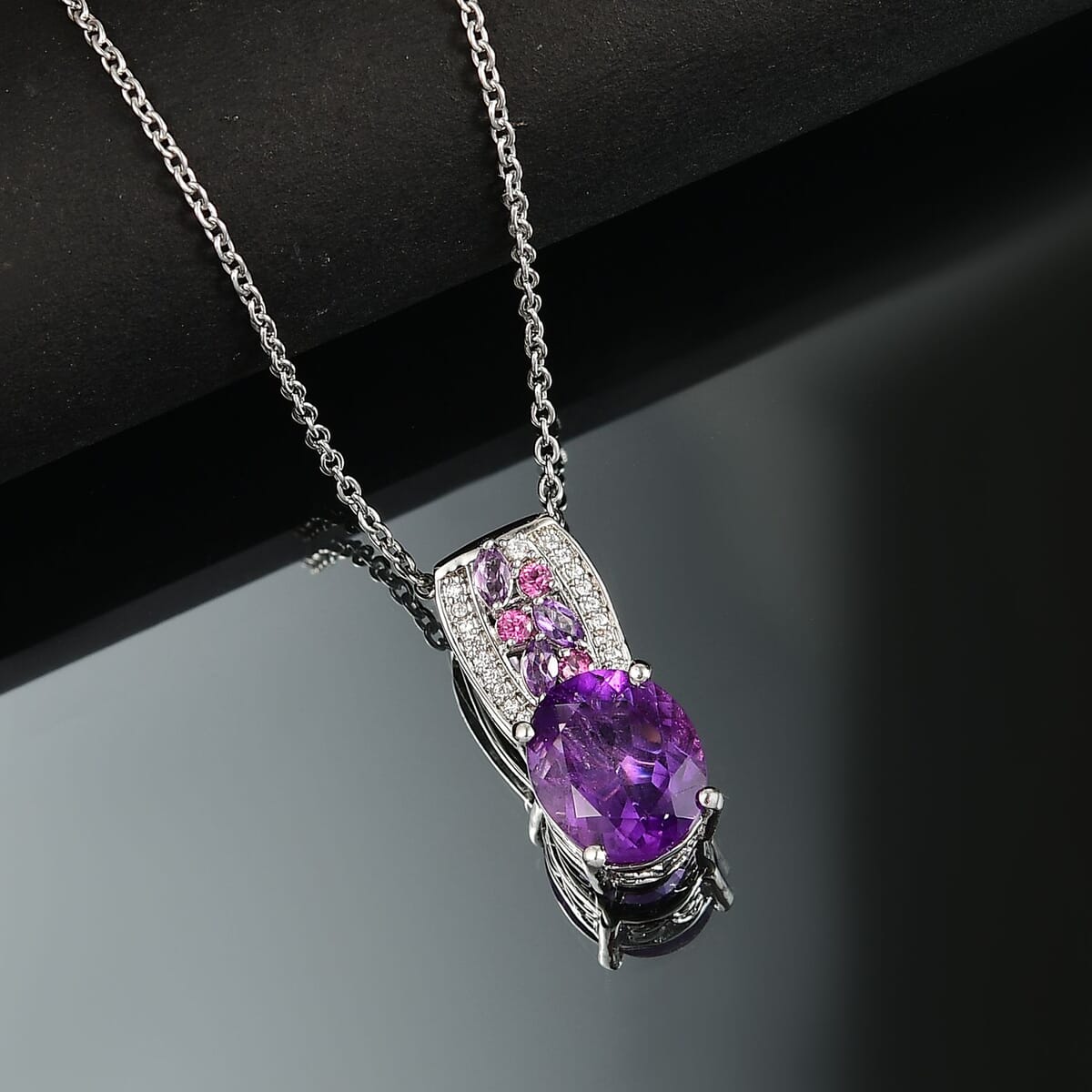 Karis African Amethyst and Multi Gemstone 4.50 ctw Blooming Pendant in Platinum Bond with Stainless Steel Necklace 20 Inches image number 1