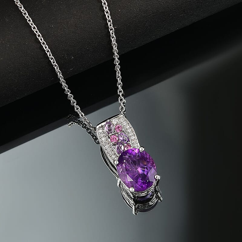 Karis African Amethyst and Multi Gemstone 4.50 ctw Blooming Pendant in Platinum Bond with Stainless Steel Necklace 20 Inches